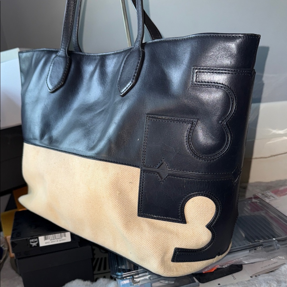 Tory Burch Black and Tan Leather Canvas Tote - Picture 3 of 14